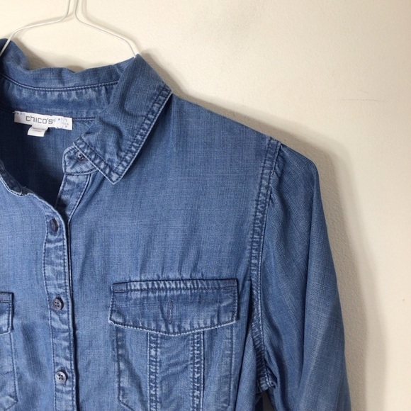 Chicos button up top women medium blue chambray career classic western feminine - Picture 2 of 10